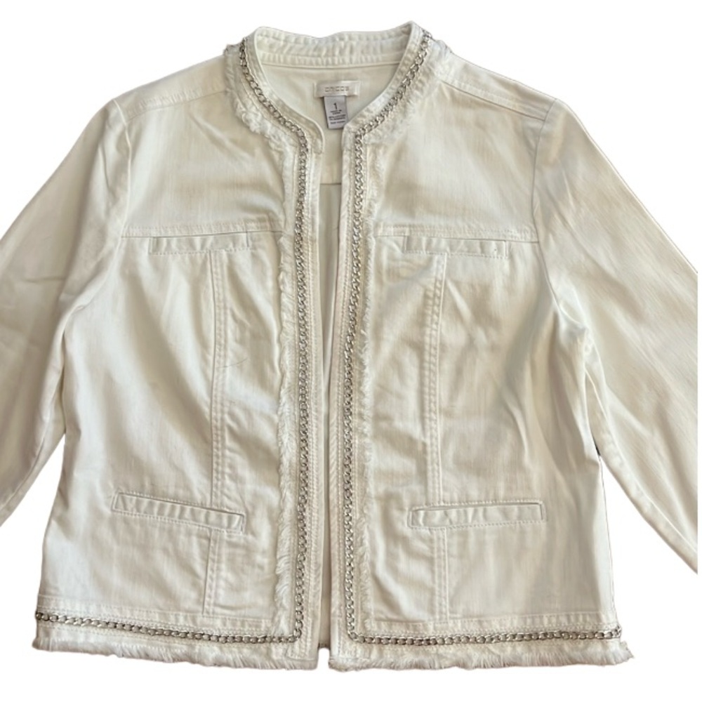 CHICOS WOMEN’S OPEN DISTRESS WHITE JACKET CHAIN DETAILED CASUAL EUC SIZE 1 (MED)